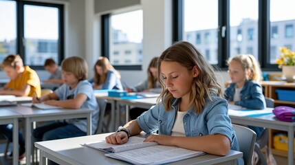 Fototapeta premium Modern classroom with students working quietly and child self - regulating in calm environment