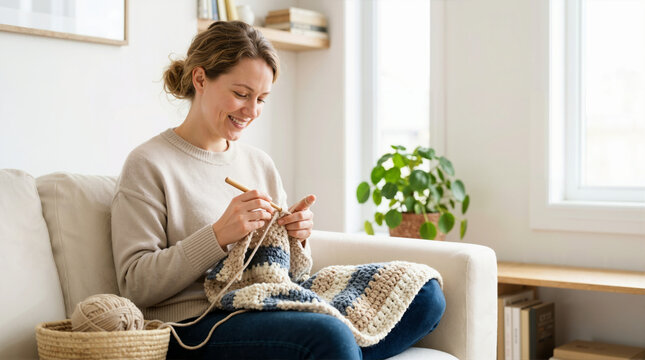 Woman crocheting a cozy blanket on a sofa. Happy person enjoying a relaxing hobby at home