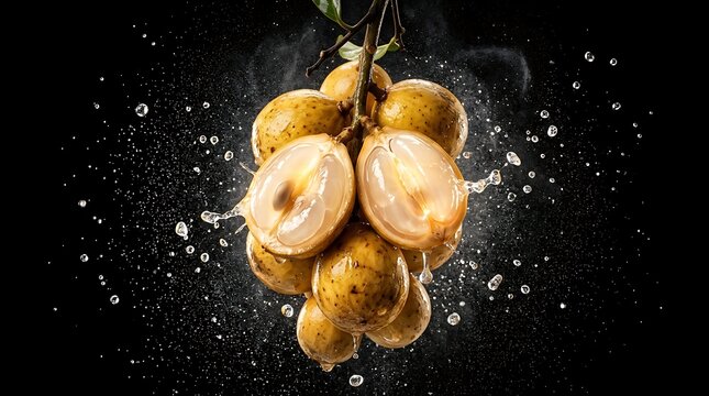 Fresh Longan fruits with water splashing on a dark background