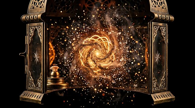 A swirling golden light emits from an ornate fireplace with flames burning brightly inside on a dark background.