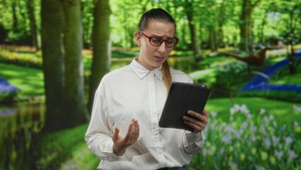 Obraz premium Woman points finger to tablet while reading with a puzzled frown in studio; confusion concentration analysis.