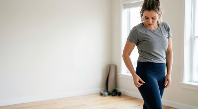 Young woman checking her thigh in activewear. Female evaluating body shape and weight loss progress at home. Copy space for text