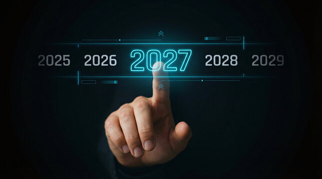 Futuristic 2027 Digital Timeline Interface with Hand Selecting Future Year on Virtual Screen. 2027 new year concept