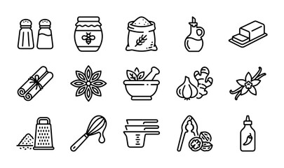 Fototapeta premium Cooking Ingredients Icons Set, Food Preparation Vector Graphics, Culinary Tools and Spices Collection