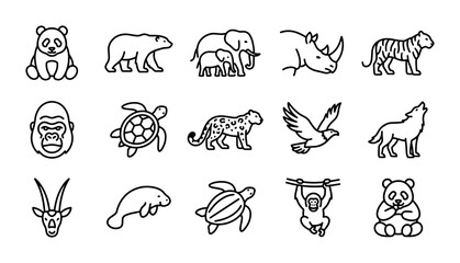 Cute Cartoon Animal Icons Set: Panda, Bear, Elephant, Rhino, Tiger, Gorilla, Turtle, Leopard, Eagle, Wolf, Antelope, Manatee, Monkey © Ibrahim