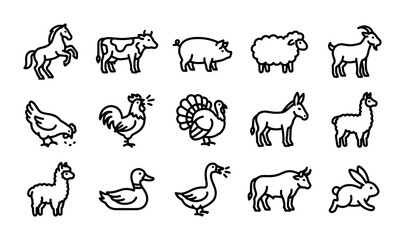 Fototapeta premium Farm Animal Icons Set, Livestock Vector Graphics, Countryside Creatures Collection