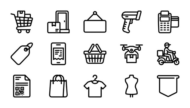E-commerce Icons Set: Shopping Cart, Delivery Drone, POS Machine, Tag, Mobile Payment