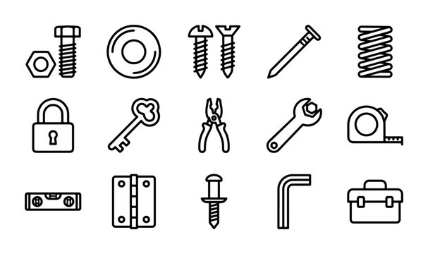 Hardware Icons Set: Fasteners, Tools, and Fixtures, Vector Graphics for DIY and Construction