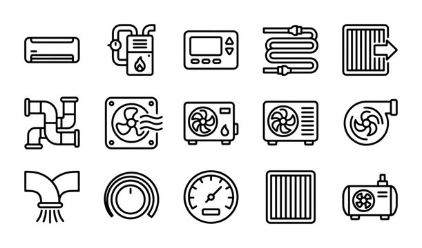 HVAC Icons Set: Air Conditioning, Heating, Ventilation Equipment, Climate Control Systems, 25 Elements
