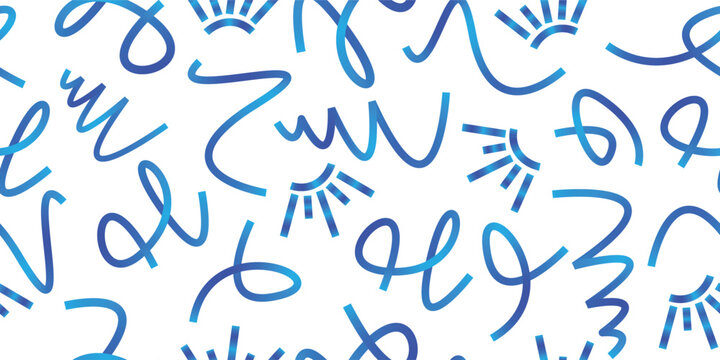 Abstract seamless doodle pattern featuring playful squiggle lines, curves and hand drawn geometric elements. Modern Memphis style vector background for wallpaper, fabric, wrapping paper and branding  