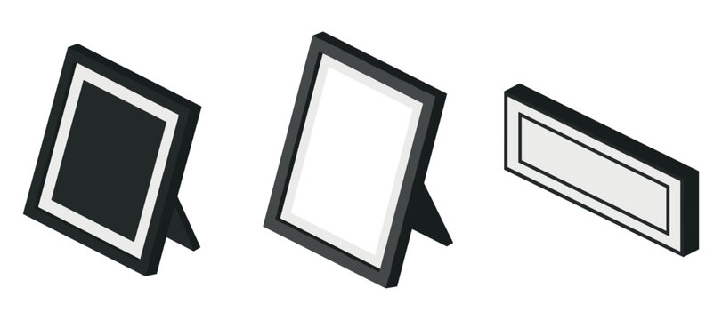 Photo frames standing and lying in isometric arrangement