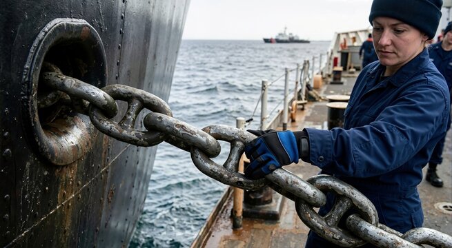 Female crew member handling a heavy metal anchor chain on a ship deck. Coast guard sailor working in blue uniform and protective gloves. Maritime industry and navigation