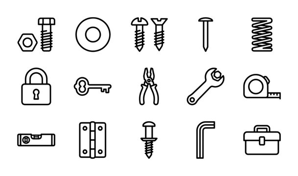 Hardware Icons Set, Metal Fasteners & Tools Collection, DIY and Construction Vector Graphics