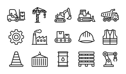 Construction and Industry Icons Set: Heavy Machinery, Safety Gear, and Logistics Vector Graphics © Emon