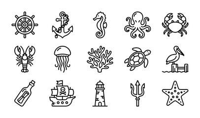 Nautical Icons Set: Marine Life, Ships, and Coastal Elements Vector Collection © Emon