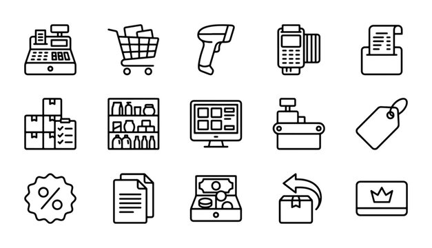 Retail Icons Set: Shopping Cart, Cash Register, Barcode Scanner, POS Machine, Tags, Boxes