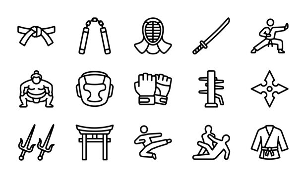 Martial Arts Icons Set: Karate, Sumo, Kendo, Ninja, Samurai, Combat Sports Equipment
