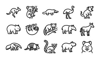 Australian Wildlife Icons, Cute Vector Animals Set: Kangaroo, Koala, Wombat, Emu, Dingo © Rohan