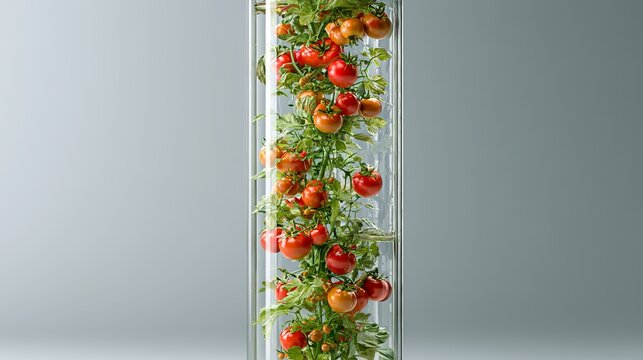 Vertical hydroponic farm showcasing ripe cherry tomatoes growing inside a clear glass container, a sustainable food production concept