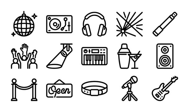Music Party Icons: Disco Ball, DJ Turntable, Headphones, Keyboard, Guitar, Microphone, Speaker