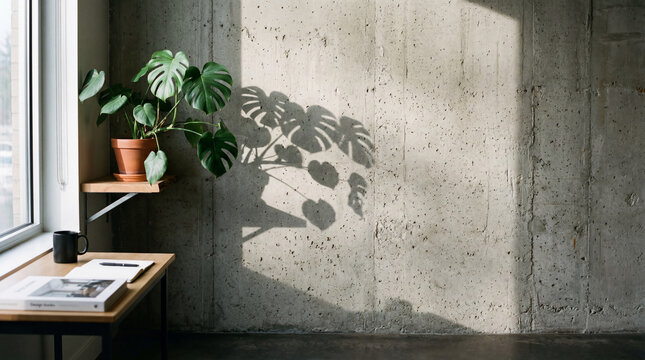 Cozy home office corner with a monstera plant casting plant shadows on a raw cement wall, Minimalist workspace background mockup