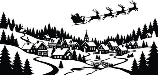 Santa claus with reindeer and winter village black silhouette illustration © Noyon