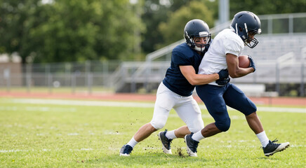 Fototapeta premium American football players in action during a tackle on a green grass field. Athlete in blue jersey tackling opponent running with the ball