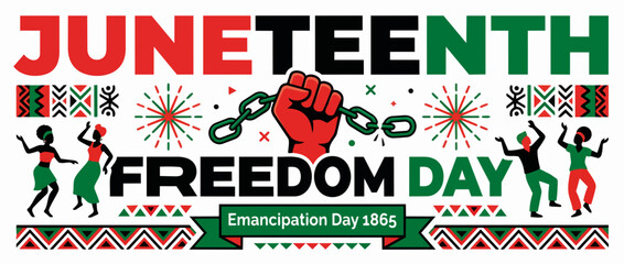 Obraz premium Juneteenth Freedom Day banner with raised fist and broken chain. Flat design vector illustration