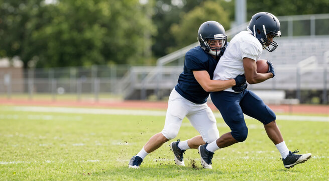 American football players in action during a tackle on a green grass field. Athlete in blue jersey tackling opponent running with the ball