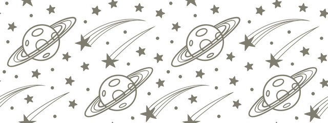 Cute seamless space pattern featuring ringed planets, shooting stars and twinkling star icons. Minimal cosmic vector background. Perfect for kids fabric, wallpaper, wrapping paper and nursery designs. © KhanMinhazulIslam