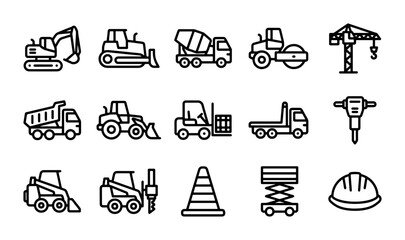 Construction Equipment Icons Set, Heavy Machinery Vector Graphics, Building Industry Symbols © sogir