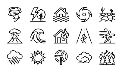 Fototapeta premium Natural Disaster Icons Set: Tornado, Flood, Fire, Earthquake, Storm, Drought, Volcano, Hurricane