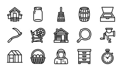 Rural Farm Life Icons, Countryside Objects, Vintage Homestead Elements, 15 Vector Graphics © sogir
