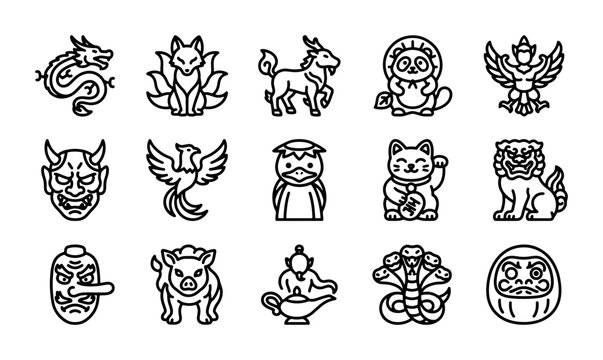 Japanese Mythology Icons, Mythical Creatures Vector Set, Folklore Spirits, Supernatural Beings, Good Luck Charms