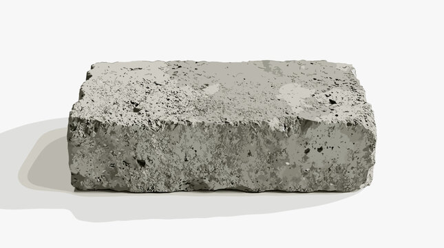 A single rough textured gray concrete block isolated on a white background with a shadow