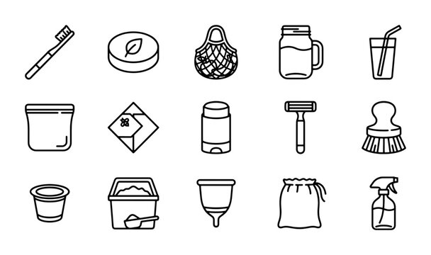 Eco-Friendly Zero Waste Icons Set, Sustainable Lifestyle Line Art Collection, Reusable Household Essentials