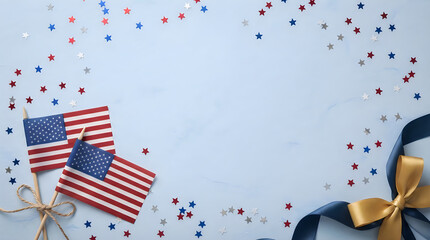 Fototapeta premium Labor day celebration american flags stars and ribbon on light blue background