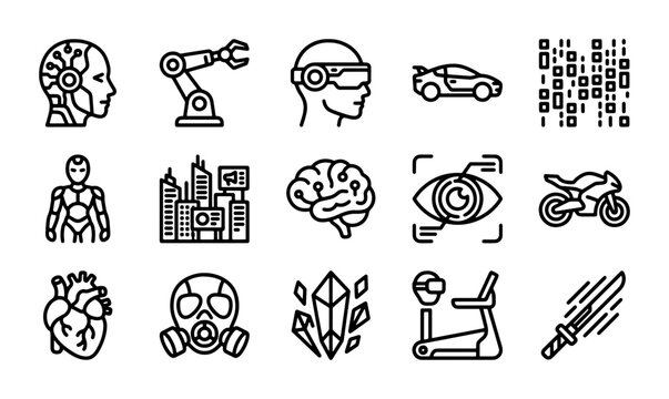 Futuristic Technology Icons: AI Robot, VR Headset, Sports Car, Brain, Eye Scan, Heart, Gas Mask, Crystals, Treadmill, Sword, Motorcycle, Cityscape, Binary Code