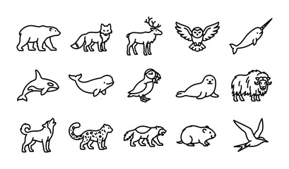 Arctic Wildlife Icons Set: Polar Bear, Fox, Deer, Owl, Narwhal, Orca, Whale, Penguin, Seal, Bison, Wolf, Snow Leopard, Wolverine, Marmot, Bird © Ripa
