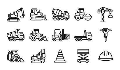 Construction Equipment Icons Set, Heavy Machinery Vector Graphics, Industrial Vehicles Collection © Ripa