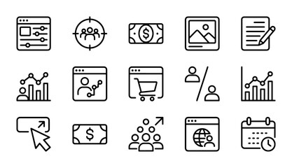 Fototapeta premium Business Icons Set: Marketing, Finance, Analytics, Strategy, E-commerce, People, Calendar