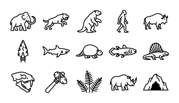 Prehistoric Icons Set: Mammoth, Dinosaur, Caveman, Saber-tooth, Rhino, 15 Vector Elements