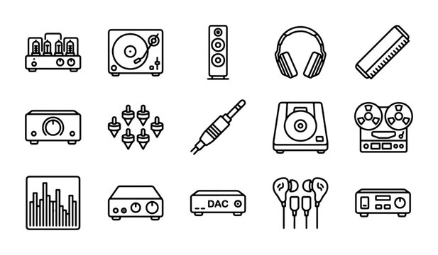 Audio Equipment Icons, Hi-Fi System Components, Music Player Vector Graphics Set