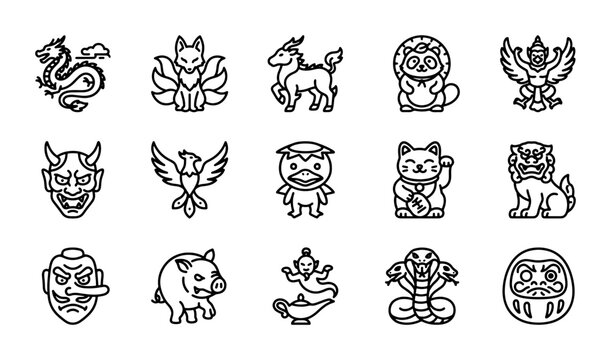 Japanese Folklore Icons: Mythical Creatures, Spirits, and Deities Vector Set