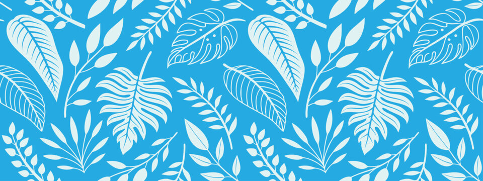 Elegant seamless tropical leaf pattern vector with monster palm fronds, and botanical foliage on blue background. Modern nature design for fabric, wallpaper, wrapping paper, textile, packaging, and 