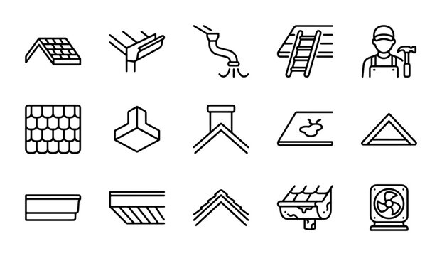 Roofing and Gutter Icons: Construction, Repair, and Maintenance Vector Set