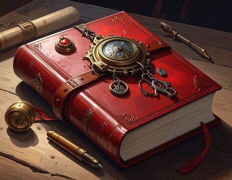Close-up of ornate red leather book with mechanical adornments, quill, and scroll