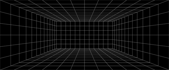 Grid box perspective 3d perspective digital background in black simple line style. Cyberspace wireframe laser mesh virtual reality metaverse abstract. VR game bg. Vector illustration © boxerx
