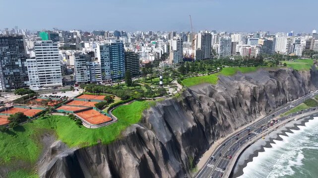 Miraflores Skyline In Lima Capital City Peru. Stunning Tropical Coastline Beach Scene Viewed From Above. Landmark Town. District Skyline. Lima Capital City.