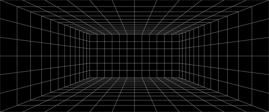 Grid box perspective 3d perspective digital background in black simple line style. Cyberspace wireframe laser mesh virtual reality metaverse abstract. VR game bg. Vector illustration